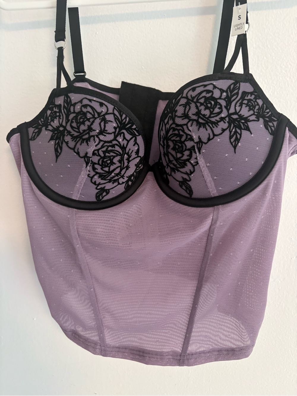 PINK Victoria's Secret Lavender Longline Bustier with Black Floral Lace